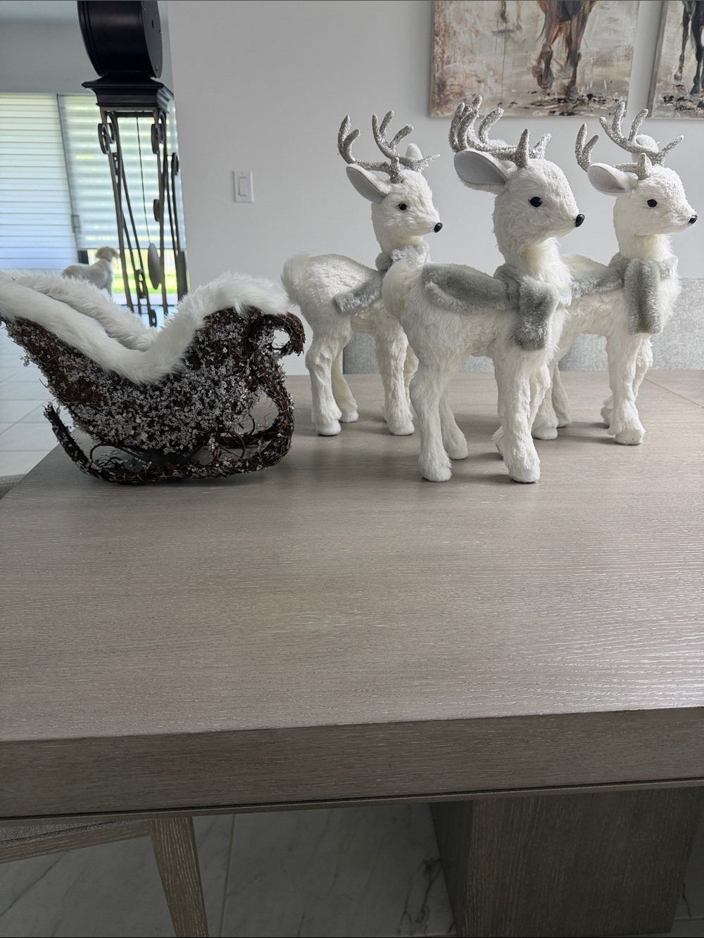 Pier 1 Imports Christmas Flocked 18” Reindeer with Sleigh Set of 3